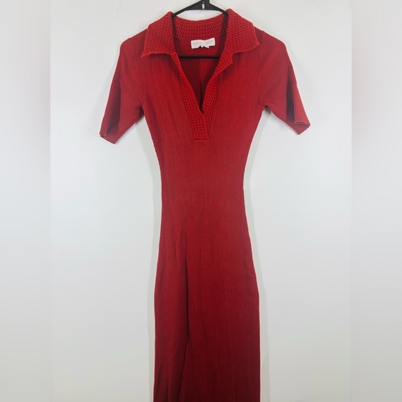 Caroline Constas Rust Red V Neck Knit Bodycon Short Sleeve Crochet Orange Small - Picture 1 of 2